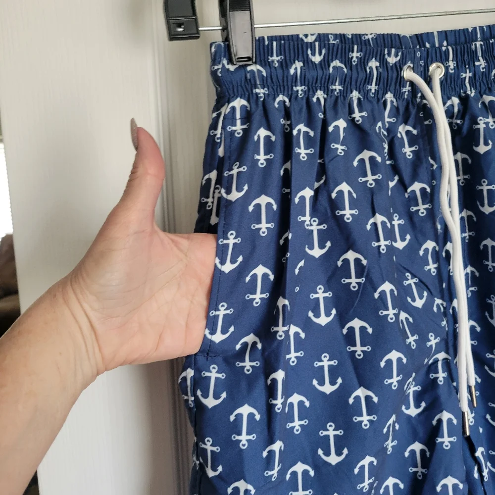 Navy, Olive, and Anchor Print Mens Size Small.Lined Swim Shorts Back To School